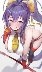 1girl ass bare_shoulders bent_over blazblue blush breasts high_ponytail highres holding holding_polearm holding_weapon large_breasts long_hair mai_natsume polearm ponytail purple_eyes purple_hair sato_one1 shadow simple_background solo tongue tongue_out weapon white_background