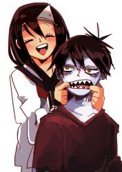 Rule 34 | 1boy, 1girl, bags under eyes, black hair, black shirt, blood lad, closed eyes, eyelashes, open mouth, pale skin, school uniform, serafuku, sharp teeth, shirt, short hair, simple background, teeth, triangular headpiece, vlad charlie staz, white background, yanagi fuyumi, yasu (hello11)