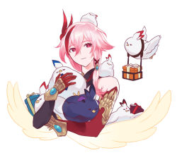 Rule 34 | 1girl, amyucheu, animal, asymmetrical gloves, bird, black gloves, chick, closed mouth, flying, fu hua, fu hua (herrscher of sentience), fu hua (night squire), fu hua (phoenix), fu hua (shadow knight), gift, gloves, hair between eyes, hair ornament, highres, holding, holding animal, honkai (series), honkai impact 3rd, looking at viewer, mismatched gloves, multicolored hair, red eyes, red gloves, simple background, smile, streaked hair, white background, white hair
