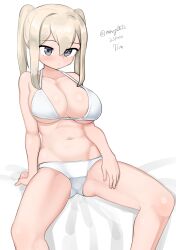 Rule 34 | 1girl, absurdres, bikini, blonde hair, breasts, cleavage, feet out of frame, graf zeppelin (kancolle), grey eyes, hair between eyes, highres, kantai collection, large breasts, maru (marg0613), one-hour drawing challenge, sidelocks, solo, spread legs, swimsuit, twintails, white background, white bikini