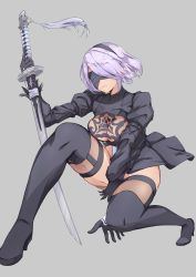Rule 34 | 1girl, absurdres, black blindfold, black gloves, black hairband, black thighhighs, blindfold, breasts, cleavage, closed mouth, feather-trimmed sleeves, feather trim, gloves, grey background, hairband, high heels, highres, holding, holding sword, holding weapon, kanotype, katana, light purple hair, nier (series), nier:automata, puffy sleeves, purple hair, see-through, short hair, simple background, solo, sword, thighhighs, turtleneck, weapon, 2b (nier:automata)
