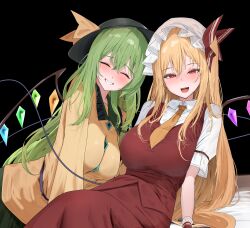 258n 2girls absurdres aged_up alternate_breast_size alternate_hair_length alternate_hairstyle black_background black_hat blonde_hair blush bow breasts buttons closed_eyes collared_shirt crystal crystal_wings diamond_button fangs flandre_scarlet frilled_wrist_cuffs frills green_hair hat hat_bow hat_ribbon highres komeiji_koishi large_breasts long_hair long_sleeves looking_at_viewer mob_cap multicolored_wings multiple_girls necktie one_side_up open_mouth reclining red_eyes red_skirt red_vest ribbon ribbon-trimmed_sleeves ribbon_trim shirt short_sleeves side_ponytail skirt skirt_set smile string teeth touhou vest white_hat white_shirt wings wrist_cuffs yellow_necktie yellow_shirt