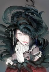 Rule 34 | 1girl, bird, black hair, blood, blood from mouth, commentary request, crow, dress, evil smile, feather trim, feathers, gem, gloves, grey background, grey eyes, highres, jewelry, looking at viewer, md5 mismatch, mizutame tori, necklace, open mouth, original, pearl (gemstone), pearl necklace, red dress, resolution mismatch, simple background, smile, solo, source smaller, teeth, white gloves