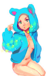 Rule 34 | 1girl, breasts, hood, hoodie, looking at viewer, naked hoodie, navel, open mouth, original, seiza, simple background, sitting, solo, star (symbol), white background, yojio (2188)