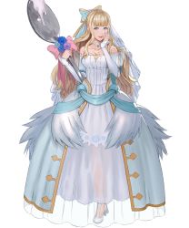Rule 34 | 1girl, bare shoulders, blonde hair, blue eyes, bow, breasts, charlotte (bridal) (fire emblem), charlotte (fire emblem), cleavage, collarbone, detached collar, dress, female focus, fire emblem, fire emblem fates, fire emblem heroes, flower, full body, hair bow, hair ornament, high heels, highres, holding, long hair, looking at viewer, medium breasts, nintendo, official art, pikomaro, ribbon, see-through, smile, solo, spoon, standing, strapless, strapless dress, transparent background, wedding dress, white dress