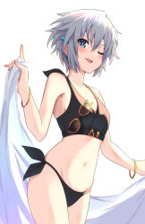 Rule 34 | 1girl, bangle, bikini, black bikini, blue eyes, bracelet, breasts, commentary request, date a live, grey hair, highres, honjou nia, jewelry, lime ill 10, navel, one eye closed, open mouth, short hair, small breasts, smile, solo, swimsuit, white background
