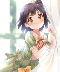 Rule 34 | 1girl, :t, black hair, blush, bow, brown eyes, closed mouth, collared dress, commentary request, curtains, dress, green bow, green dress, hair bow, hair bun, hands up, highres, idolmaster, idolmaster million live!, idolmaster million live! theater days, nakatani iku, pout, puffy short sleeves, puffy sleeves, short sleeves, side bun, single hair bun, single side bun, solo, toma (shinozaki), transparent, v-shaped eyebrows, window, wrist cuffs, yellow bow