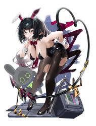 Rule 34 | 1girl, absurdres, alternate costume, animal ears, aqua eyes, arched back, bare shoulders, black footwear, black hair, black leotard, black pantyhose, bow, bowtie, breasts, cleavage, commentary request, ear piercing, fake animal ears, finger to mouth, hanging breasts, high heels, highleg, highleg leotard, highres, incredibly absurdres, jane doe (zenless zone zero), korean commentary, large breasts, leotard, monitor, mouse ears, mouse girl, mouse tail, naughty face, nn11, pantyhose, piercing, playboy bunny, purple bow, purple bowtie, rabbit ears, short hair, tail, torn clothes, torn pantyhose, white background, wrist cuffs, zenless zone zero