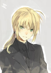 Rule 34 | 1girl, ahoge, artoria pendragon (all), artoria pendragon (fate), blonde hair, fate/zero, fate (series), formal, green eyes, long hair, necktie, pant suit, pants, ponytail, reverse trap, ritz dd, saber (fate), skyfly17, solo, suit