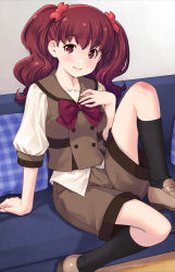 Rule 34 | 1girl, black socks, bow, bowtie, breasts, brown sailor collar, brown shirt, brown shorts, closed mouth, commentary request, couch, hand on own chest, highres, indoors, kanie (precure), kazuma muramasa, looking at viewer, medium breasts, on couch, precure, red bow, red bowtie, red eyes, red hair, sailor collar, school uniform, second wangan school uniform, shirt, shorts, sitting, smile, socks, solo, twintails, wonderful precure!