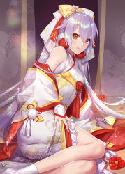 Rule 34 | 1girl, alternate costume, commentary request, fate/grand order, fate (series), floral print, flower, hair between eyes, hair ribbon, japanese clothes, kimono, long hair, looking at viewer, onigiri-kun (demmy), red eyes, ribbon, silver hair, solo, tomoe gozen (fate), uchikake, white kimono