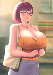 1girl absurdres ahoge bag bare_shoulders blue_eyes blue_skirt blunt_bangs blurry blurry_background breasts cleavage closed_mouth ganzu glasses handbag highres huge_breasts jewelry large_breasts necklace original outdoors red_hair shirt_tucked_in short_hair skirt smile solo tank_top unbuttoned