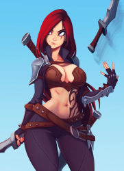 Rule 34 | 1girl, belt, black gloves, blade, blue background, blue eyes, breasts, cleavage, collarbone, commentary request, fingerless gloves, gloves, highres, katarina (league of legends), large breasts, league of legends, lips, looking to the side, looking up, midriff, navel, raichiyo33, scar, smile, solo, thighs