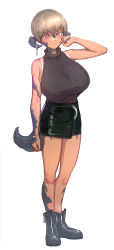 Rule 34 | 1girl, aqua nails, au ra, bare legs, black footwear, black shirt, black skirt, boots, bracelet, breasts, final fantasy, final fantasy xiv, full body, highres, horns, huge breasts, jewelry, looking at viewer, nail polish, platinum blonde hair, purple eyes, py 9119, scales, shirt, short hair, simple background, skindentation, skirt, sleeveless, sleeveless shirt, solo, standing, tail, warrior of light (ff14), white background