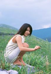 Rule 34 | 1girl, asian, bare legs, dress, kawamura yuki, long hair, looking at viewer, mountain, outdoors, photo (medium), sandals, solo, squatting, sundress, tagme