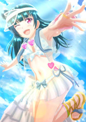 Rule 34 | 1girl, ;), absurdres, aqua ribbon, artist name, artist request, bare legs, bare shoulders, barefoot, barefoot sandals (jewelry), bikini, bikini skirt, blue hair, blue sky, blush, bracelet, breasts, cleavage, cloud, collarbone, cross-laced footwear, day, female focus, flower bracelet, hair bun, heart, heart tattoo, highres, jewelry, long hair, looking at viewer, love live!, love live! school idol festival, love live! sunshine!!, medium breasts, nail polish, one eye closed, outdoors, outstretched arms, outstretched hand, parted lips, pink eyes, pink scrunchie, plaid, plaid bikini, polka dot, polka dot bikini, purple eyes, reaching, reaching towards viewer, ribbon, sandals, sarong, sarong aside, scrunchie, side bun, single hair bun, sky, smile, solo, sparkle, standing, standing on one leg, stomach tattoo, sunglasses, sunglasses around neck, swimsuit, tattoo, toenail polish, toenails, tsushima yoshiko, visor cap, white bikini, white sarong, wrist scrunchie