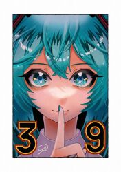 Rule 34 | 1girl, 39, blue eyes, blue hair, border, close-up, closed mouth, collared shirt, colored eyelashes, commentary, eyelashes, finger to mouth, hair between eyes, hatsune miku, highres, index finger raised, long hair, looking at viewer, sarii osaka, shirt, smile, solo, straight-on, twintails, vocaloid, white border, white shirt