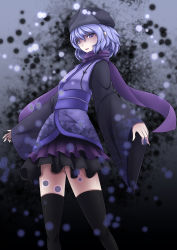 Rule 34 | 1girl, commentary request, dark persona, highres, inyuppo, japanese clothes, kimono, letty whiterock, light purple hair, pale skin, parted lips, pointy ears, purple eyes, scarf, shaded face, short kimono, skirt, snow, thighhighs, touhou, wide sleeves