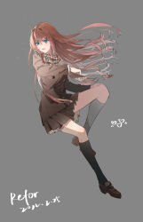 Rule 34 | 1girl, absurdres, aozaki aoko, bad id, bad pixiv id, black legwear, blazer, blue eyes, brown footwear, brown hair, brown jacket, brown skirt, buttons, commentary request, dated, floating hair, full body, grey background, hair between eyes, hair intakes, highres, jacket, long hair, long sleeves, looking at viewer, mahou tsukai no yoru, miniskirt, mixed-language commentary, open mouth, plaid, plaid scarf, pleated skirt, reforward, scarf, shoes, signature, simple background, skirt, solo, very long hair