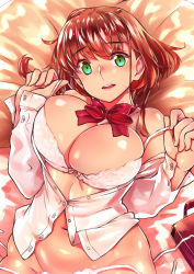 Rule 34 | 1girl, bag, bow, bowtie, bra, breasts, brown hair, chiha (abo ecm mk25), cleavage, cowboy shot, green eyes, highres, large breasts, looking at viewer, lying, navel, on back, open clothes, open mouth, open shirt, original, panties, plump, red bow, school bag, shiny skin, shirt, short hair, side-tie panties, smile, solo, thighs, underwear, undressing, untied panties, white bra, white panties, white shirt
