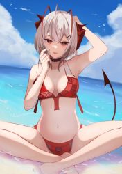 Rule 34 | 1girl, ahoge, antennae, arknights, arm behind head, bikini, black bikini, black choker, blue sky, breasts, choker, cloud, cloudy sky, collarbone, demon girl, demon horns, demon tail, fang, grey hair, hair ornament, hairclip, hand up, highres, horns, indian style, medium breasts, navel, open mouth, outdoors, partially submerged, red bikini, red eyes, sanukiske, sitting, sky, solo, stomach, swimsuit, tail, w (arknights), water