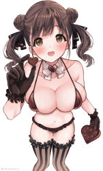 Rule 34 | 1girl, bare shoulders, black gloves, black ribbon, black thighhighs, blush, bow, bowtie, bra, breasts, brown bra, brown eyes, brown hair, brown panties, chocolate, cleavage, collar, collarbone, detached collar, dot nose, double bun, food, frilled gloves, frilled panties, frilled thighhighs, frills, from above, gloves, hair bow, hair bun, hair ribbon, hand up, highres, holding, holding chocolate, holding food, idolmaster, idolmaster shiny colors, large breasts, long hair, looking at viewer, micro bra, midriff, navel, open mouth, panties, pigeon-toed, ribbon, simple background, smile, solo, sonoda chiyoko, standing, striped clothes, striped thighhighs, thighhighs, twintails, twitter username, underwear, white background, white bow, white bowtie, white collar, yuko (haruruyuco)