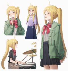 Rule 34 | 1girl, ^ ^, absurdres, ahoge, arms behind back, backpack, bag, black shirt, black skirt, blonde hair, blue skirt, blush, bocchi the rock!, bow, bowtie, brown skirt, closed eyes, closed mouth, collared shirt, cowboy shot, drumsticks, green jacket, highres, holding, holding drumsticks, ijichi nijika, jacket, long hair, looking at viewer, looking away, lunia, multiple views, one side up, open clothes, open jacket, open mouth, plaid, plaid skirt, pleated skirt, pointing, polka dot, polka dot bow, purple shirt, red bow, shirt, sidelocks, simple background, sitting, skirt, smile, standing, suspender skirt, suspenders, teeth, upper body, white background, white shirt, yellow bag