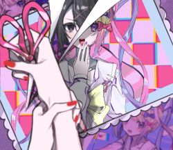 Rule 34 | ame-chan (needy girl overdose), black hair, bow, chouzetsusaikawa tenshi-chan, chromatic aberration, hair ornament, hands on own face, highres, holographic clothing, multicolored nails, nail polish, needy girl overdose, onga, open mouth, purple eyes, quad tails, red nails, scissors, silver hair, slit wrist, teeth, upper teeth only, x hair ornament