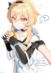 Rule 34 | 1boy, 1girl, ?, absurdres, alternate costume, baozi, black gloves, blonde hair, breasts, casual, choker, cleavage, collarbone, commentary request, contemporary, eating, english text, fingerless gloves, food, franhill, genshin impact, gloves, hair between eyes, hairband, half gloves, highres, holding, holding food, hood, hooded jacket, jacket, looking at viewer, lumine (genshin impact), lumine (zhangjiajie) (genshin impact), out of frame, pov, short hair, short hair with long locks, short sleeves, sidelocks, simple background, spoken question mark, tartaglia (genshin impact), white background, yellow eyes