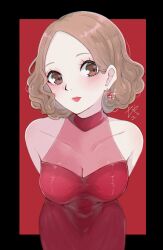 Rule 34 | 1girl, alternate costume, arms behind back, bare shoulders, breasts, chako (p4amg1208), cleavage, collarbone, covered collarbone, curly hair, dress, earrings, highres, jewelry, leaning forward, light brown hair, lipstick, looking at viewer, makeup, medium breasts, okumura haru, persona, persona 5, red dress, red lips, see-through, see-through cleavage, short hair, sleeveless, sleeveless dress, smile, solo