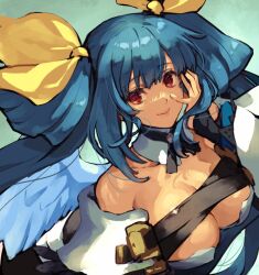 Rule 34 | 1girl, angel wings, asymmetrical wings, bare shoulders, belt, blue hair, breasts, cleavage, cleavage cutout, clothing cutout, collarbone, detached collar, detached sleeves, dizzy (guilty gear), guilty gear, guilty gear xrd, hair rings, hand on own face, jako (toyprn), large breasts, long hair, looking at viewer, mature female, red eyes, shaded face, solo, twintails, upper body, very long hair, wings