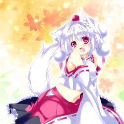 Rule 34 | 1girl, animal ears, blush, detached sleeves, hat, hikanyan, inubashiri momiji, leaf, leaf background, midriff, open mouth, red eyes, short hair, silver hair, skirt, smile, solo, tail, tokin hat, touhou, v arms, wolf ears, wolf tail