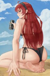 1girl absurdres ass barefoot beach bikini blush can eris_greyrat feet hairband highres long_hair looking_at_viewer monster_energy mushoku_tensei perss red_eyes red_hair seiza sitting smile soles swimsuit toes