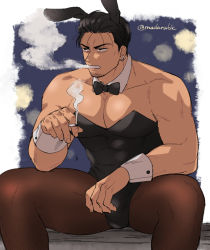 Rule 34 | 1boy, bara, bare arms, bare pectorals, bare shoulders, black leotard, black pantyhose, bow, bowtie, bulge, cigarette, covered abs, crossdressing, detached collar, facial hair, large pectorals, leotard, madara6k, male focus, male playboy bunny, muscular, muscular male, original, pantyhose, pectoral cleavage, pectorals, short hair, skin tight, smoke, smoking, solo, spread legs, stubble, thick thighs, thighs, wrist cuffs