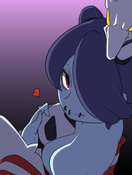Rule 34 | 1girl, bare shoulders, blue skin, breasts, colored skin, detached sleeves, edamame1555, female focus, hair over one eye, heart, leviathan (skullgirls), looking at viewer, red eyes, side ponytail, skullgirls, squigly (skullgirls), stitched mouth, stitches, zombie