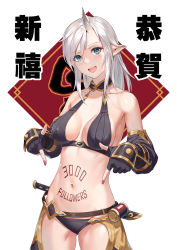 Rule 34 | 1girl, :d, bikini, black bikini, blue eyes, blush, body writing, breasts, chaps, cleavage, collarbone, commentary, cowboy shot, dagger, fang, gauntlets, gluteal fold, groin, hair between eyes, highres, horns, knife, looking at viewer, medium breasts, medium hair, midriff, milestone celebration, mixed-language commentary, nail polish, navel, oni, oni horns, open mouth, original, pointing, pointy ears, purple nails, revealing clothes, sheath, sheathed, sidelocks, single horn, smile, solo, standing, stomach tattoo, swimsuit, tattoo, translation request, weapon, white background, white hair, yan (situyan0303)