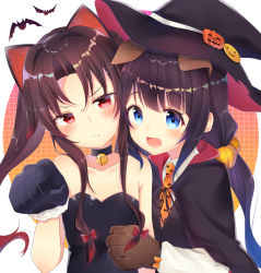 Rule 34 | 10s, 2girls, :d, animal ears, animal hands, animal print, bare shoulders, bat (animal), bat print, bell, black gloves, black hair, black hat, blue eyes, blush, brown gloves, brown hair, cat ears, choker, collarbone, commentary request, dog ears, gloves, gyozanuko, halloween, hat, hinatsuru ai, long hair, looking at viewer, multiple girls, neck bell, necktie, open mouth, orange neckwear, paw gloves, paw pose, red eyes, ryuuou no oshigoto!, smile, twintails, witch hat, yashajin ai