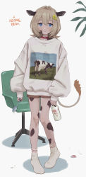 Rule 34 | 1girl, 2021, animal ears, atom heart mother, black nails, blonde hair, blue eyes, blush, bolero (bo le ro66), bottle, chair, chinese zodiac, choker, closed mouth, cow ears, cow girl, cow tail, dripping, ear tag, fingernails, grey background, highres, holding, holding bottle, holding spoon, looking at viewer, medium hair, milk, milk bottle, nail polish, no shoes, original, pink floyd, plant, red choker, sleeves past wrists, smile, socks, solo, spoon, standing, tail, year of the ox