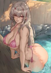 Rule 34 | 1girl, arm support, armeria, ass, bikini, breasts, brown hair, cleavage, collarbone, covered erect nipples, fence, goddess of victory: nikke, highres, horns, large breasts, long hair, looking at viewer, mole, mole under eye, onsen, open mouth, red bikini, red eyes, rock, sidelocks, smile, solo, standing, swimsuit, teeth, very long hair, viper (nikke), wet, wooden fence