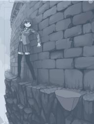 Rule 34 | 1girl, against wall, black eyes, black hair, blue theme, brick wall, cliff, empty eyes, hamsterfragment, long hair, monochrome, no nose, no pupils, original, solo, suicidal girl (hamsterfragment), thighhighs, zettai ryouiki