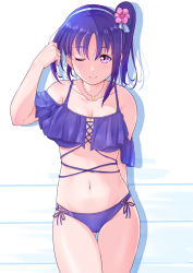 Rule 34 | 1girl, adjusting hair, bikini, breasts, cleavage, collarbone, cowboy shot, cross-laced clothes, flower, gluteal fold, hair flower, hair ornament, highres, jewelry, kanabun, kazuno sarah, large breasts, looking at viewer, love live!, love live! sunshine!!, navel, necklace, off shoulder, one eye closed, pink eyes, purple hair, shiny skin, side-tie bikini bottom, side ponytail, solo, swimsuit, thigh gap