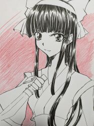 Rule 34 | 1girl, ainu clothes, black hair, breasts, fingerless gloves, gloves, hair ribbon, highres, long hair, looking at viewer, medium breasts, monochrome, nakoruru, ribbon, samurai spirits, smile, snk, the king of fighters, traditional media, weapon