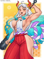 Rule 34 | 1girl, armpits, ass, blue hair, blush, breasts, cheekie, club (weapon), earrings, female focus, gluteal fold, highres, hip vent, horns, japanese clothes, jewelry, large breasts, long hair, looking at viewer, multicolored hair, muscular, muscular female, nail polish, one piece, orange eyes, rope belt, sideboob, solo, sweat, two-tone hair, white hair, yamato (one piece)