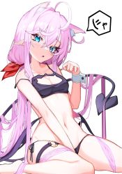 Rule 34 | 1girl, absurdly long hair, ahoge, animal ear fluff, animal ears, between legs, black bra, black panties, blue eyes, bra, breasts, cat ears, cat lingerie, cleavage, cleavage cutout, clothing cutout, demon girl, demon tail, demon wings, fang, hair ribbon, hand between legs, highres, lingerie, long hair, looking at viewer, low wings, meme attire, mocha kura, navel, o-ring, o-ring thigh strap, open mouth, original, panties, pink hair, pointy ears, red ribbon, ribbon, side-tie panties, simple background, sitting, skin fang, small breasts, solo, speech bubble, strap slip, tail, thigh strap, underwear, underwear only, very long hair, wariza, white background, white wrist cuffs, wings, wrist cuffs