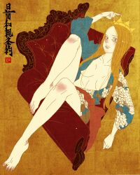 Rule 34 | 1girl, absurdres, armchair, blonde hair, blue eyes, blue kimono, bottomless, breasts, chair, cleavage, collarbone, crown, fine art parody, floral print kimono, highres, inkan, japanese clothes, japanese text, kimono, knee up, leaning back, looking at viewer, medium breasts, nihonga, open clothes, open kimono, original, parody, sei5osuzuki, sitting, yellow background