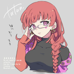 Rule 34 | 1girl, alternate hairstyle, blunt bangs, braid, breasts, earrings, gnosia, heart, heart earrings, heart tattoo, jewelry, long hair, long sleeves, looking at viewer, nail polish, pink eyes, raciraci tatan, red eyes, red hair, simple background, smile, solo, sq (gnosia), tattoo, translation request, turtleneck, twin braids, upper body