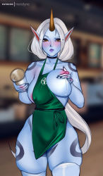 Rule 34 | 1girl, apron, blurry, blurry background, blush, body markings, breasts, closed mouth, collarbone, colored skin, cup, disposable cup, green apron, grey hair, holding, holding cup, horns, iced latte with breast milk (meme), indoors, lactation, large breasts, league of legends, long hair, looking at viewer, meme, merellyne, naked apron, pointy ears, ponytail, single horn, skindentation, solo, soraka (league of legends), thighhighs