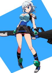 Rule 34 | 1girl, blue eyes, blush, braid, breasts, cleavage, gloves, gun, hair ornament, hairclip, holding, holding behind back, large breasts, seolla schweizer, shirono, short hair, silver hair, solo, super robot wars, super robot wars original generation, weapon