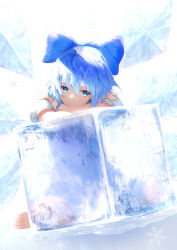 Rule 34 | 1girl, arm support, barefoot, blue bow, blue dress, blue eyes, blue hair, bow, cirno, closed mouth, commentary request, crossed arms, dress, dutch angle, eyelashes, frown, full body, hair between eyes, hair bow, head tilt, highres, ice, ice cube, ice wings, looking at viewer, medium hair, myria (7855), puffy short sleeves, puffy sleeves, short sleeves, sidelighting, simple background, sitting, snowflakes, solo, touhou, wariza, white background, wings