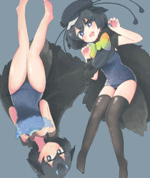 Rule 34 | 2girls, absurdres, bare arms, bare legs, bare shoulders, barefoot, bird girl, bird tail, bird wings, black cape, black hair, black headwear, black legwear, blue background, blue eyes, blue hair, blue one-piece swimsuit, blush, bow, bowtie, cabbie hat, cape, claw pose, commentary request, fang, hasu (zatsugami), hat, head wings, highres, kemono friends, multicolored hair, multiple girls, no shoes, one-piece swimsuit, open mouth, school swimsuit, short hair, simple background, sleeveless, streaked hair, superb bird-of-paradise (kemono friends), swimsuit, tail, thighhighs, western parotia (kemono friends), wings, yellow bow, yellow bowtie, zettai ryouiki